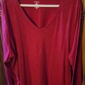 SONOMA  Women's Glittery Red Long Sleeve V-Neck Tee